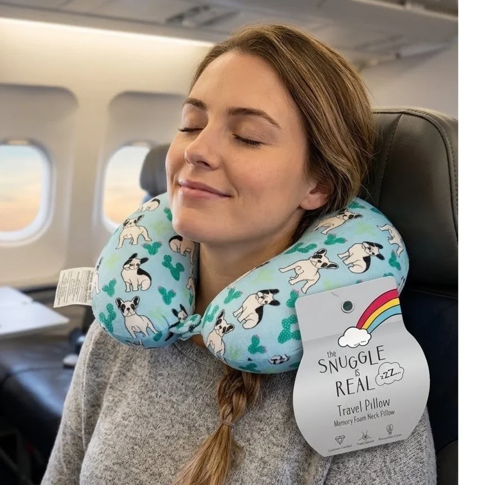 The Snuggle Is Real French Bulldog Cactus Memory Foam Travel Neck Pillow Blue